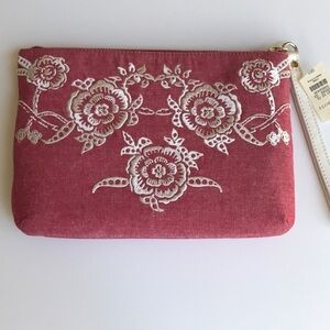 Talbots Red Chambray Zip Wristlet Clutch Pouch with Floral Embroidery NWT